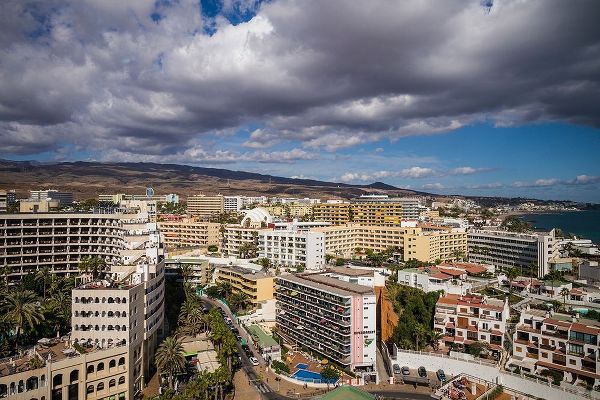 Spain-Canary Islands-Gran Canaria Island-Playa del Ingles-high angle view of town